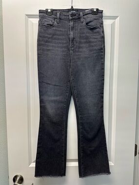 PAIGE Washed Black Ankle Length High-Rise Flare Claudine Jeans with Frayed Hem